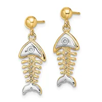 A pair of gold and silver fish skeleton dangle earrings with round diamond accents, shown from the front on a white background.