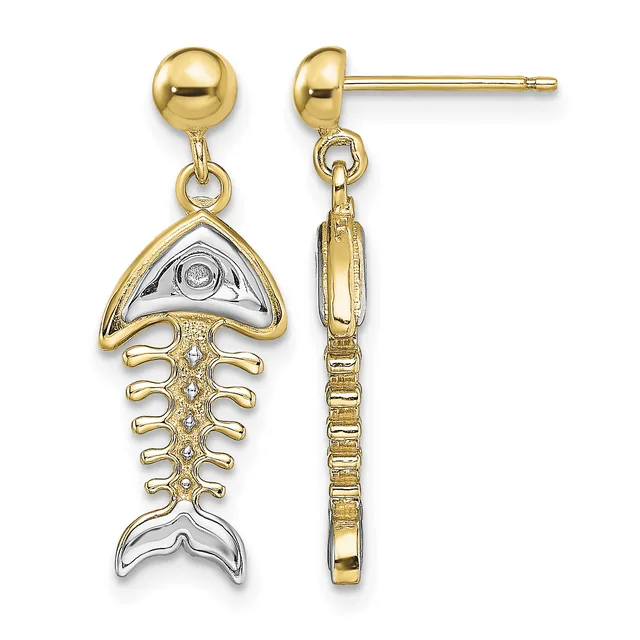 Pair of two-tone gold fish skeleton dangle earrings with ball studs, shown from front and side views.