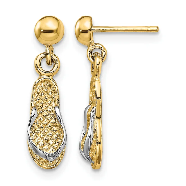 Pair of gold dangle earrings with polished ball studs and textured peanut-shaped pendants featuring two-tone gold and white metal accents, shown from front and side views.