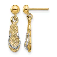 Pair of gold dangle earrings with polished ball studs and textured peanut-shaped pendants featuring two-tone gold and white metal accents, shown from front and side views.