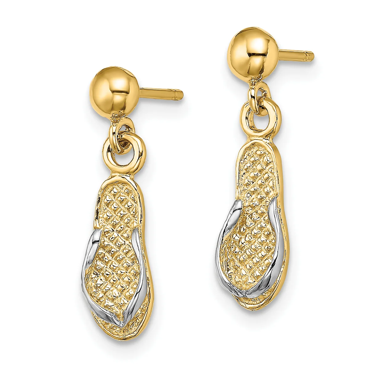 Pair of gold-toned drop earrings with polished ball studs and textured peanut-shaped pendants featuring two-tone detailing, displayed against a white background.