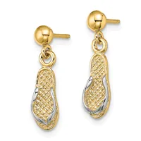 Pair of gold-toned drop earrings with polished ball studs and textured peanut-shaped pendants featuring two-tone detailing, displayed against a white background.