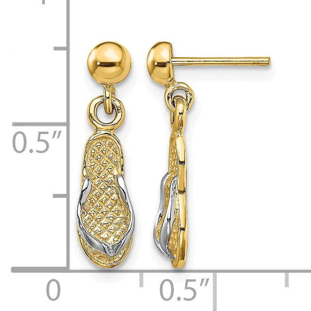 Pair of gold dangle earrings with polished ball studs and textured peanut-shaped pendants featuring two-tone gold finish, shown against a measurement scale.