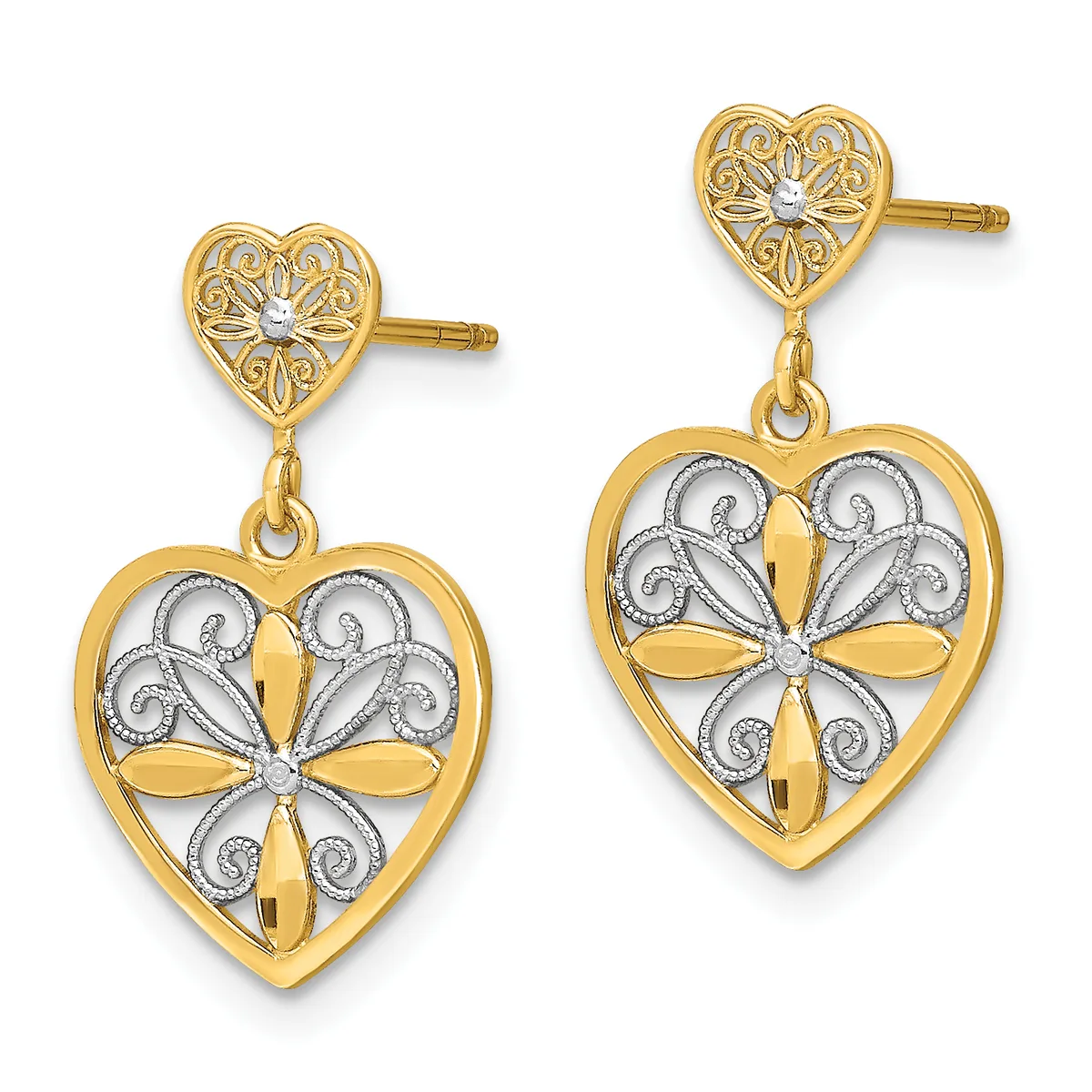 Pair of gold heart-shaped drop earrings with ornate filigree tops and larger heart pendants featuring cross designs with diamond accents.