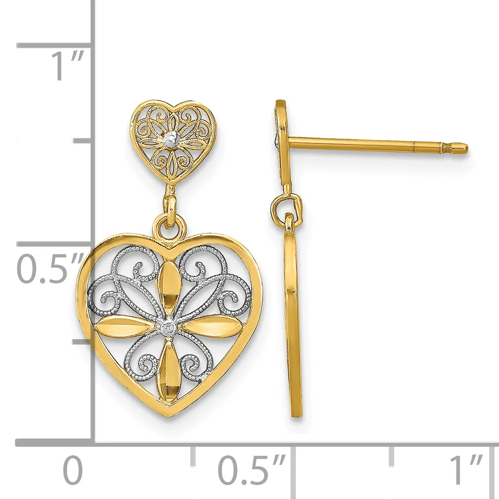 Gold-toned heart dangle earrings with filigree design and diamond accents, displayed against a ruler showing approximately one inch in length.