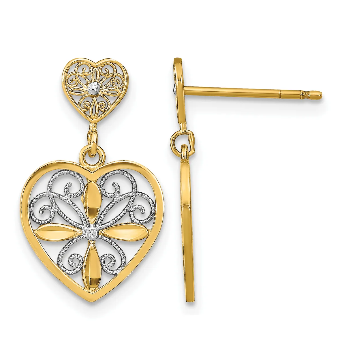 Pair of gold heart-shaped dangle earrings with ornate filigree designs, featuring small stud tops and larger pendant hearts below.