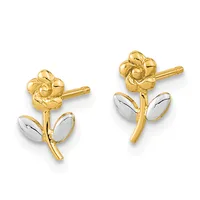 A pair of gold and silver flower-shaped stud earrings with a rose bloom on top and two leaf elements below, shown front and back views.