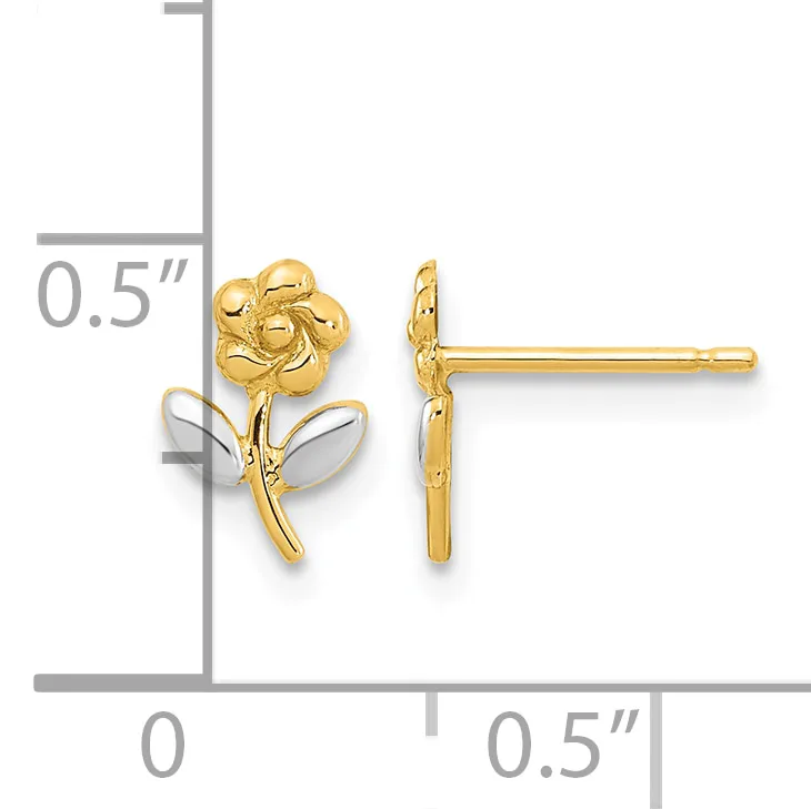 Gold rose stud earrings with white enamel leaves, shown front and side view with a measurement scale indicating approximately 0.5 inches in height.