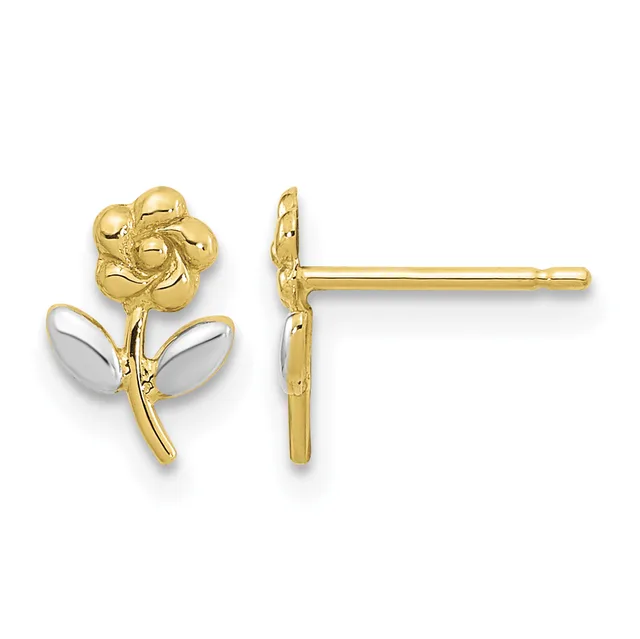 A pair of gold flower stud earrings with textured petals and white enamel leaves, shown from front and side views.
