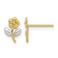 A pair of gold flower stud earrings with textured petals and white enamel leaves, shown from front and side views.