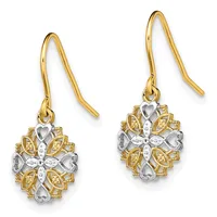A pair of two-tone gold dangle earrings featuring ornate cross-shaped pendants with heart and leaf motifs, suspended from curved ear wires.