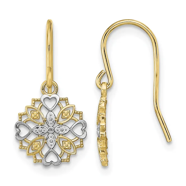 Two-tone gold dangle earrings with ornate snowflake design featuring heart and leaf motifs, shown front and side view with fish hook closures.