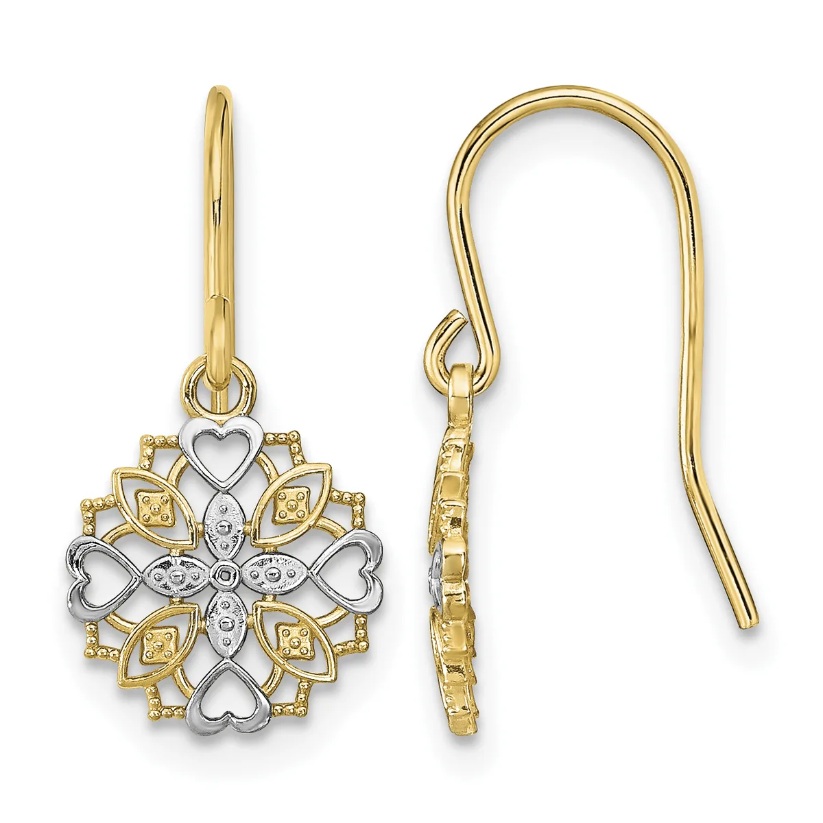 Two-tone gold dangle earrings with ornate snowflake design featuring heart and leaf motifs, shown front and side view with fish hook closures.