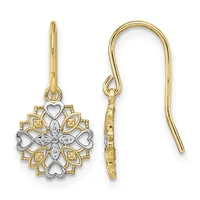 Two-tone gold dangle earrings with ornate snowflake design featuring heart and leaf motifs, shown front and side view with fish hook closures.