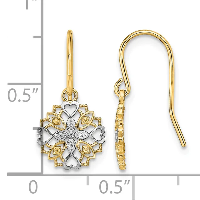 Two-tone gold snowflake-shaped dangle earrings with heart and marquise details, shown next to a measurement scale indicating approximately half-inch length.