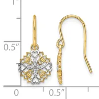 Two-tone gold snowflake-shaped dangle earrings with heart and marquise details, shown next to a measurement scale indicating approximately half-inch length.
