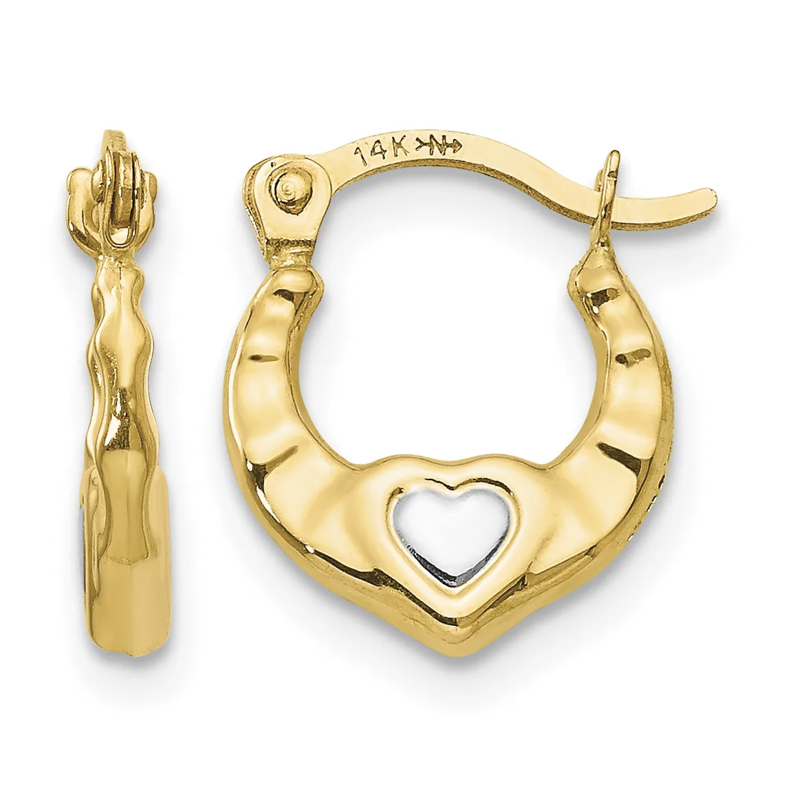 Pair of 14-karat gold hoop earrings with a heart cutout detail and polished finish, shown from front and side views.
