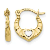 Pair of 14-karat gold hoop earrings with a heart cutout detail and polished finish, shown from front and side views.