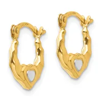 A pair of gold hoop earrings with heart cutouts in the center and hinged closures, displayed side by side.