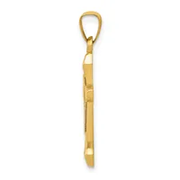 A vertical gold pendant with a loop bail at the top and a rectangular striped design along its length, shown against a white background.
