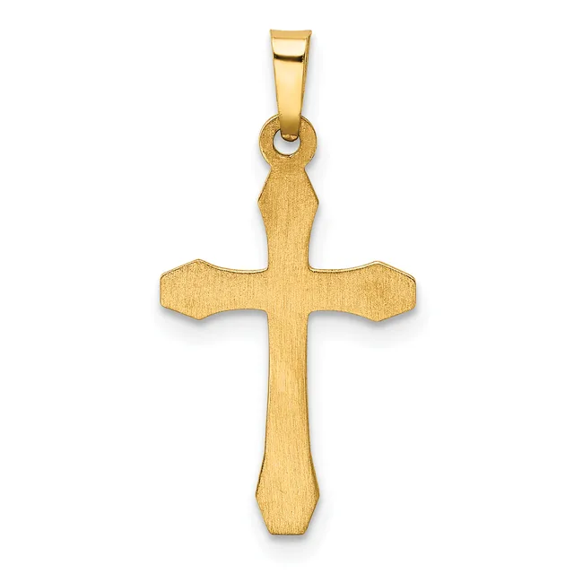 A gold cross pendant with a brushed finish and rounded ends, suspended from a polished bail loop.