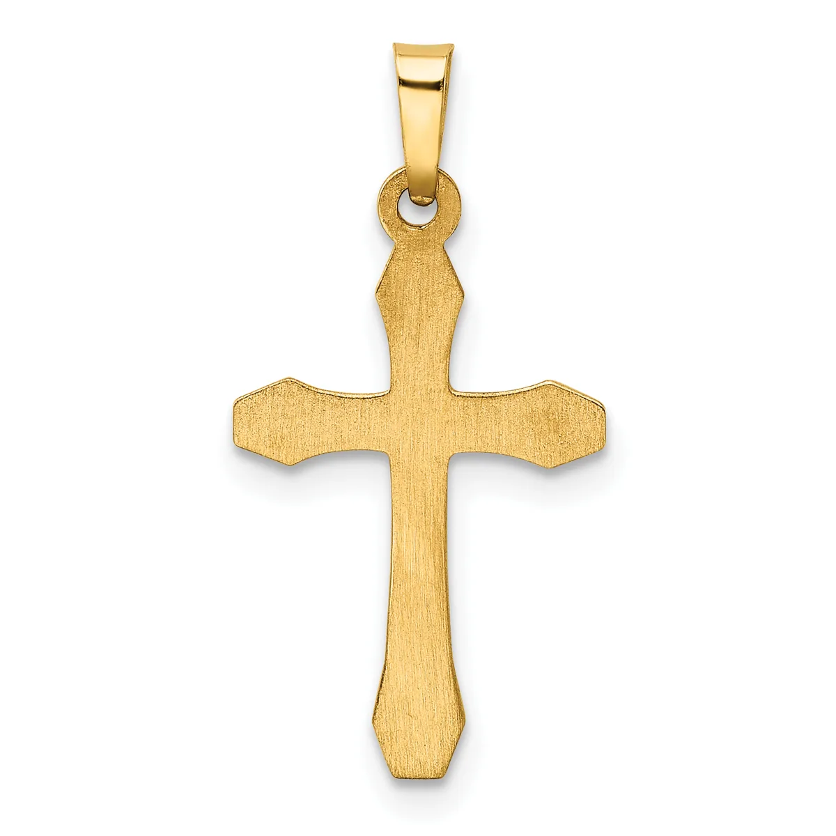 A gold cross pendant with a brushed finish and rounded ends, suspended from a polished bail loop.