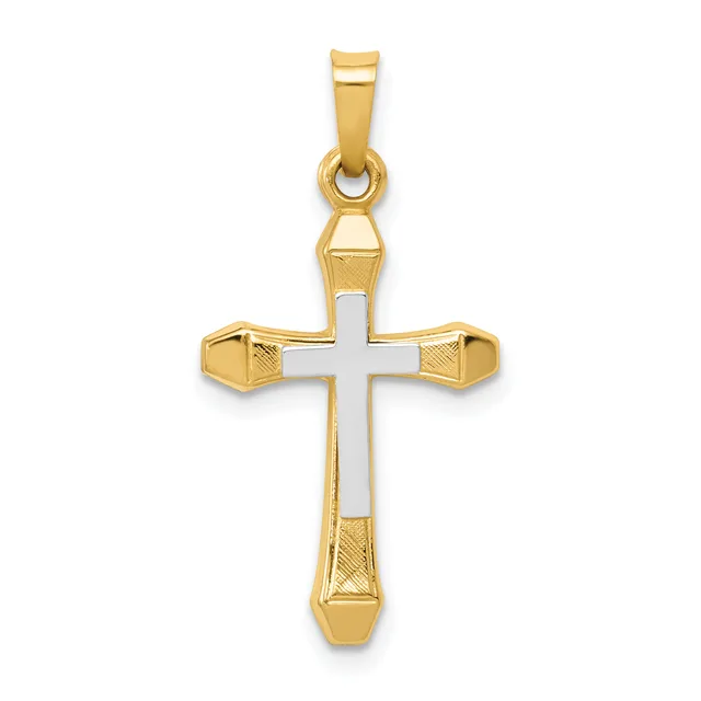A two-tone cross pendant with gold outer arms and a white center, featuring textured gold details at the corners and a small hallmark, suspended from a gold bail.