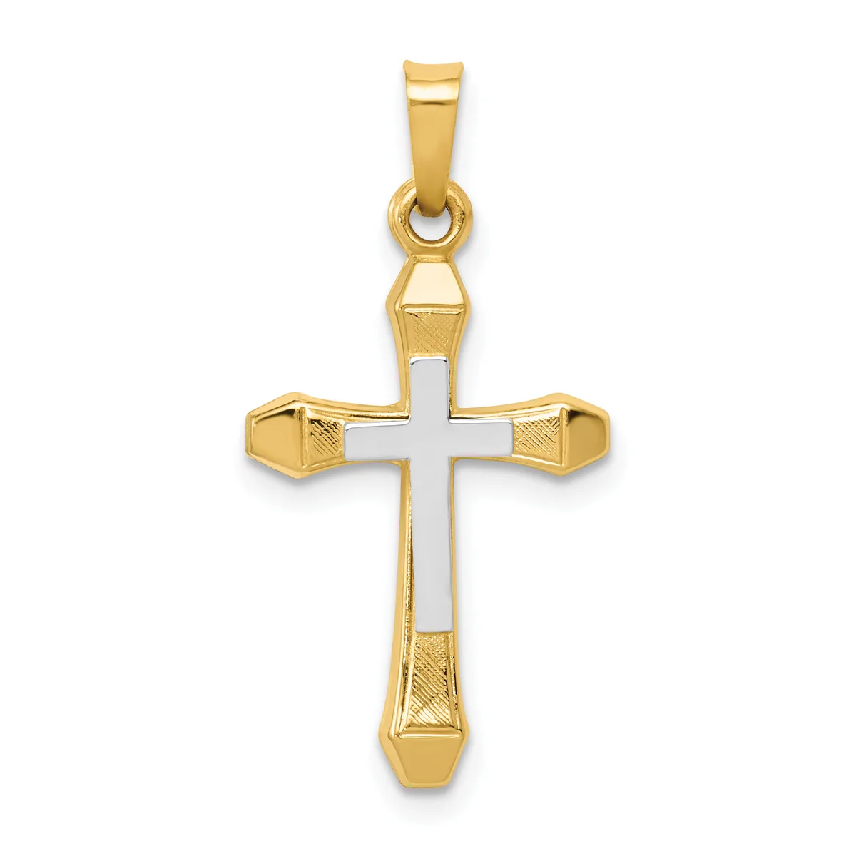 A two-tone cross pendant with gold outer arms and a white center, featuring textured gold details at the corners and a small hallmark, suspended from a gold bail.