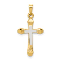 A two-tone cross pendant with gold outer arms and a white center, featuring textured gold details at the corners and a small hallmark, suspended from a gold bail.