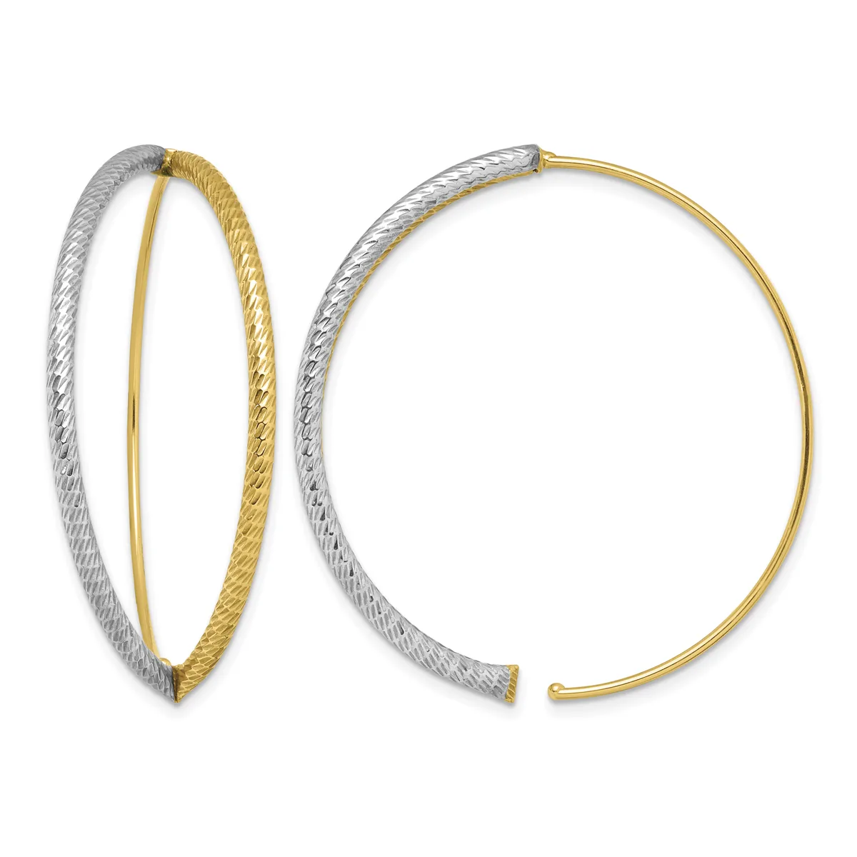 A pair of two-tone hoop earrings with white and yellow gold textured finishes shown from front and side angles.