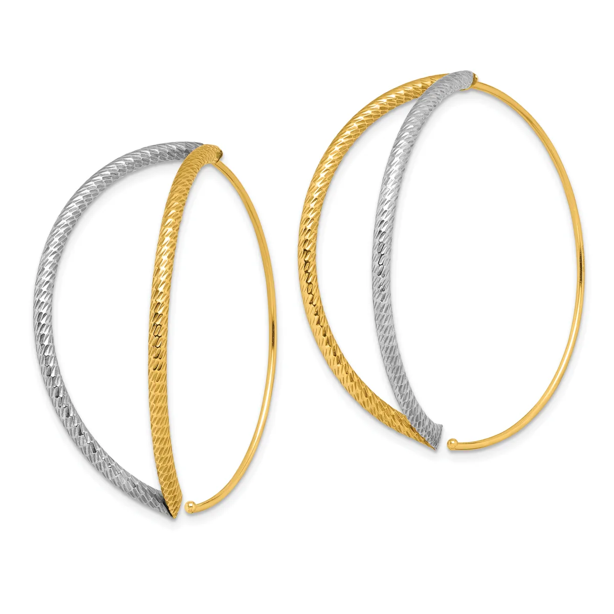 Two pairs of oval-shaped bangle bracelets in two-tone gold and silver with textured surfaces, displayed side by side.