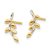 Pair of gold and silver-tone branch-shaped earrings with leaf-shaped drops, shown from the front against a white background.
