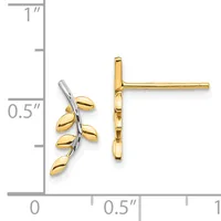 Two-tone gold leaf-shaped stud earrings with white gold stems, displayed next to a ruler showing approximately half-inch length.