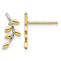 A pair of gold stud earrings, one featuring a branch design with five polished leaf-shaped elements and a two-tone stem, the other a simple cross or plus-sign shape.