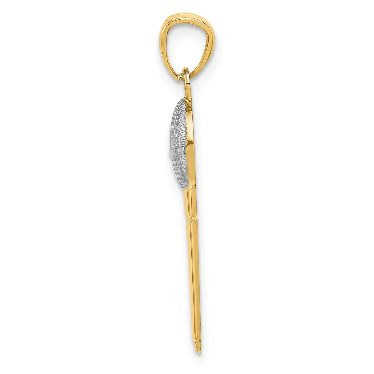 A two-tone gold and silver pendant charm featuring an oval loop at the top and a tapered point at the bottom with textured detailing on the silver section.
