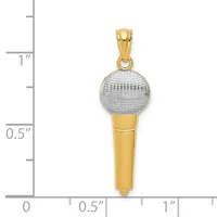 Two-tone gold microphone pendant with a textured white gold spherical head and polished yellow gold handle, shown against a measurement scale.