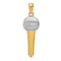 A two-tone gold pendant featuring a textured silver microphone head attached to a polished yellow gold handle, suspended from a gold bail.
