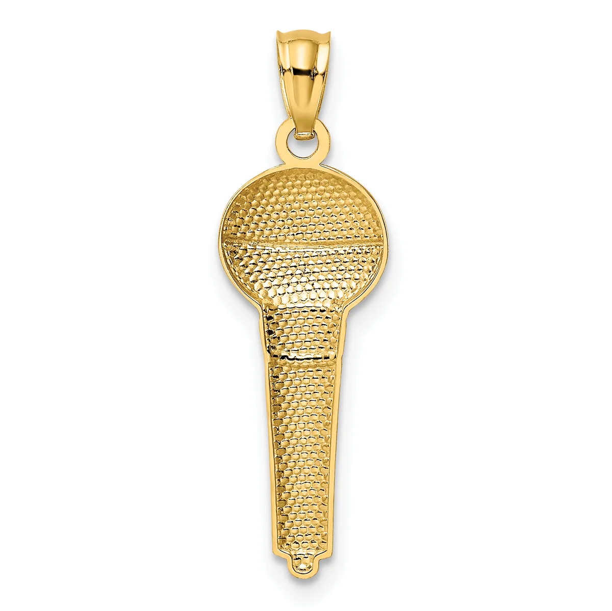 A gold microphone pendant with textured surface and a small loop bail at the top, shown against a white background.