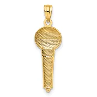 A gold microphone pendant with textured surface and a small loop bail at the top, shown against a white background.