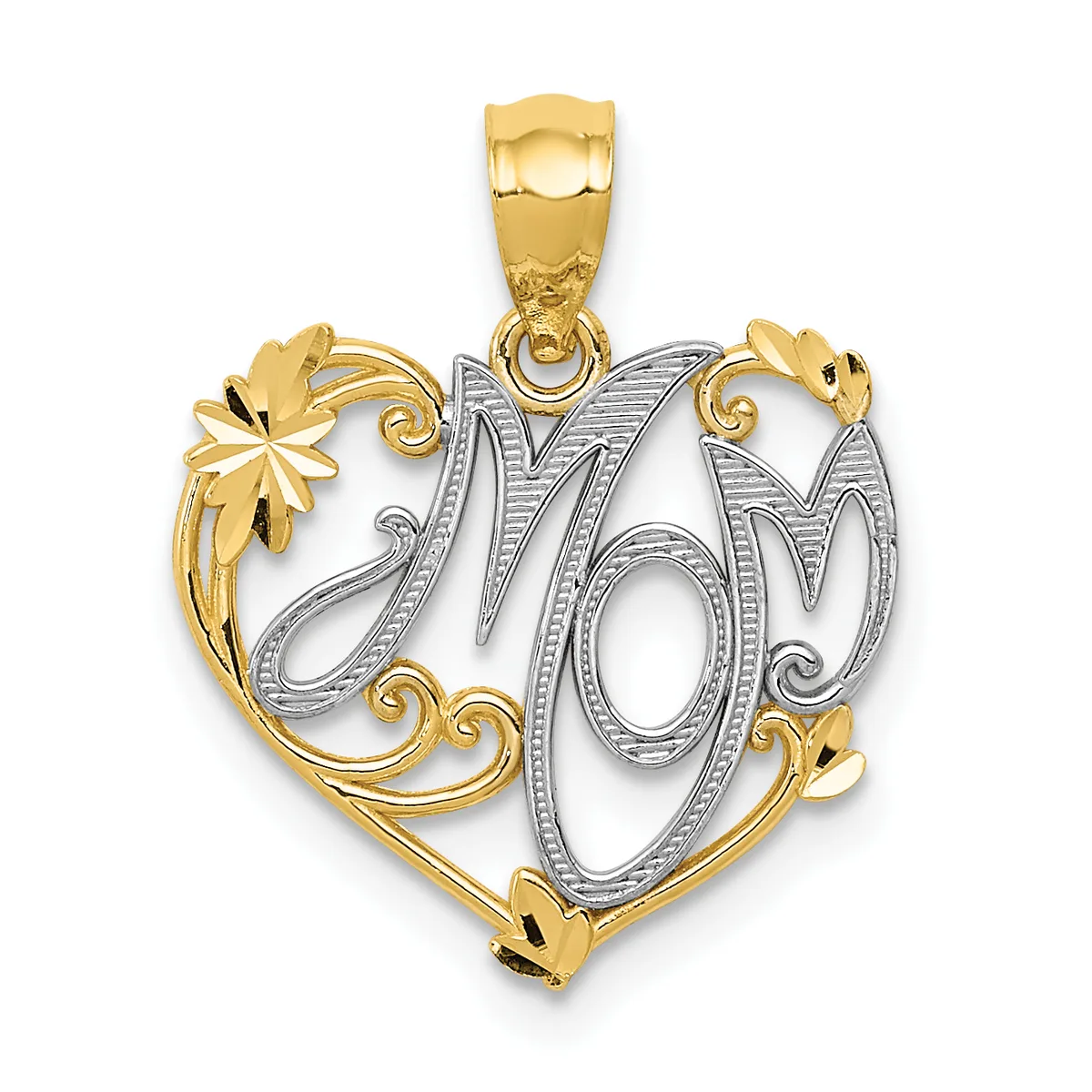 Two-tone gold heart-shaped pendant with ornate scrollwork, the letter M in the center, and decorative floral elements at the corners, shown against a white background.