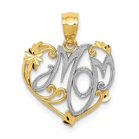 Two-tone gold heart-shaped pendant with ornate scrollwork, the letter M in the center, and decorative floral elements at the corners, shown against a white background.