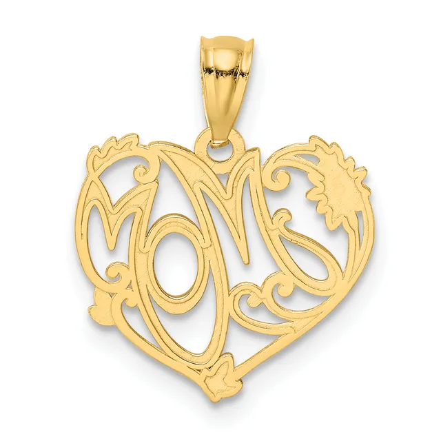 A gold heart-shaped pendant with ornate filigree design featuring scrolling flourishes and leaf motifs, shown suspended from a bail against a white background.