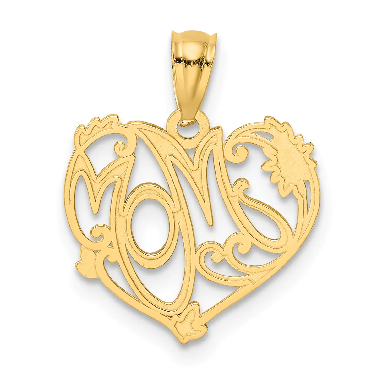 A gold heart-shaped pendant with ornate filigree design featuring scrolling flourishes and leaf motifs, shown suspended from a bail against a white background.