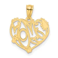 A gold heart-shaped pendant with ornate filigree design featuring scrolling flourishes and leaf motifs, shown suspended from a bail against a white background.