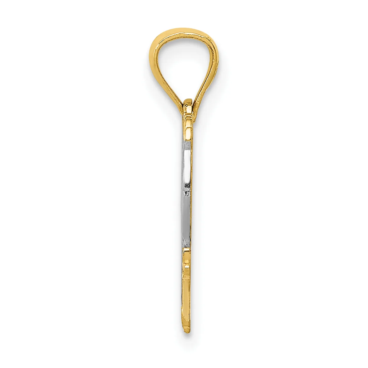 A teardrop-shaped pendant with a gold-colored loop at the top and a silver-toned stem extending downward, ending in a small gold-colored ball detail.