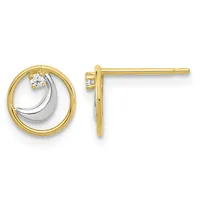 Pair of two-tone gold stud earrings with circular design featuring a diamond accent and curved silver inner element.