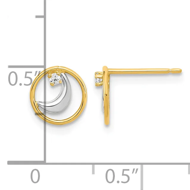 Two-tone gold and silver circular stud earrings with a small diamond accent, shown against a measurement scale.