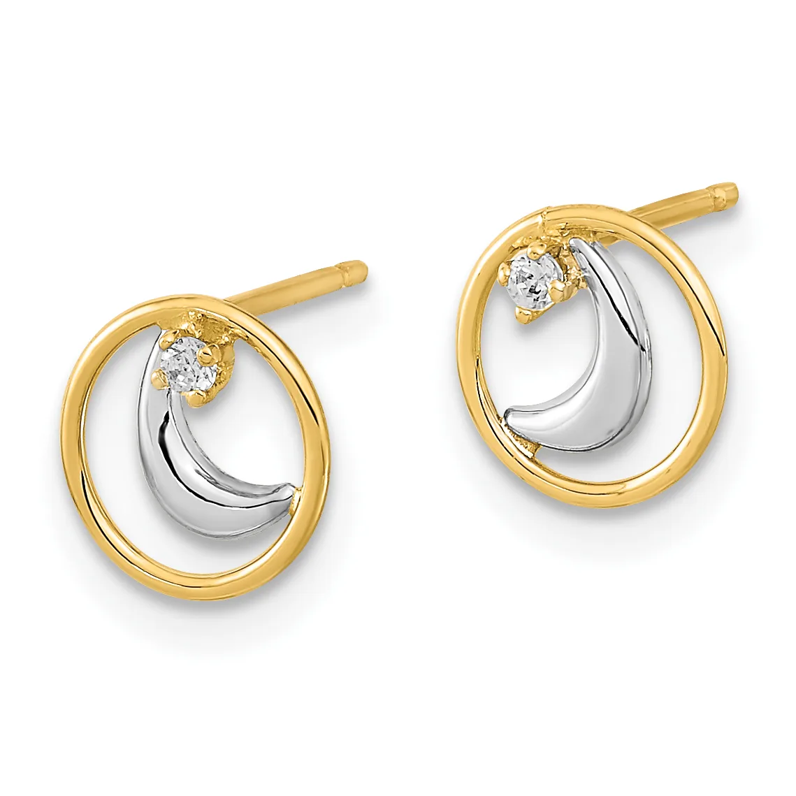 A pair of two-tone gold stud earrings featuring oval outlines with small round diamonds and curved silver inner elements, shown from the front.