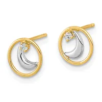 A pair of two-tone gold stud earrings featuring oval outlines with small round diamonds and curved silver inner elements, shown from the front.