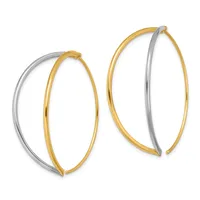 Two pairs of two-tone hoop earrings with gold and silver curved bands interlocking on each pair.